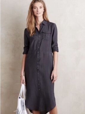 MAEVE ANTHRO CHARCOAL JEMINA DRAWSTRING ROLL-TAB SLEEVE MIDI SHIRT DRESS SZ 2